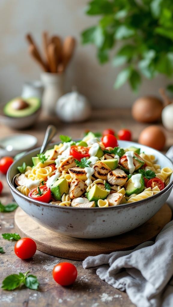 A bowl of Chicken and Avocado Pasta Salad with cherry tomatoes and fresh herbs.