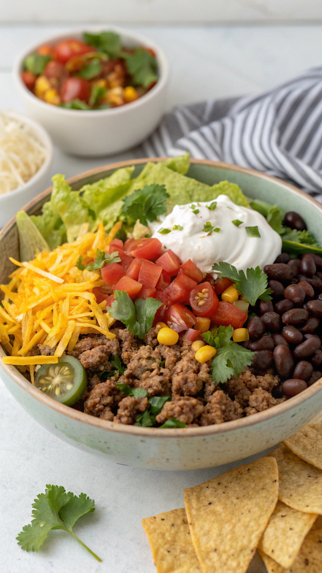 A colorful taco salad with ground beef, black beans, corn, tomatoes, cheese, and sour cream, served in a bowl with tortilla chips on the side.