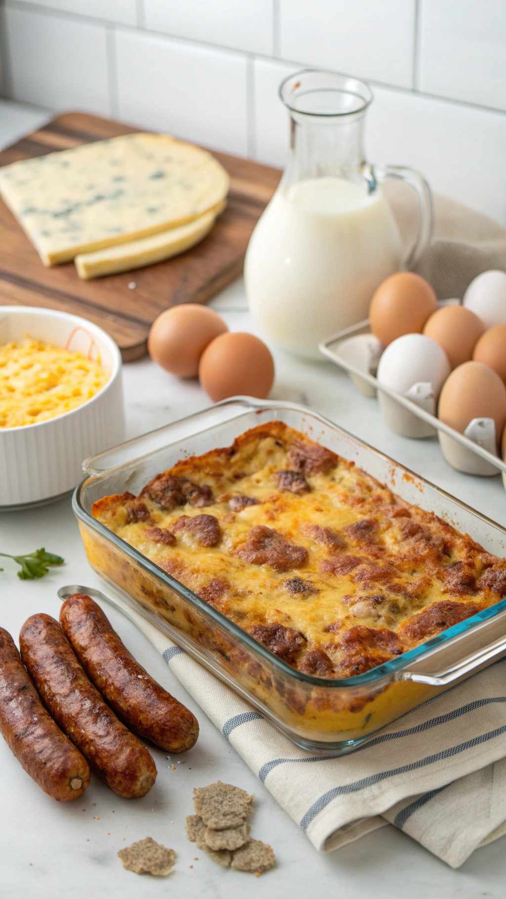 A delicious protein-packed egg and sausage bake with fresh ingredients ready for breakfast.