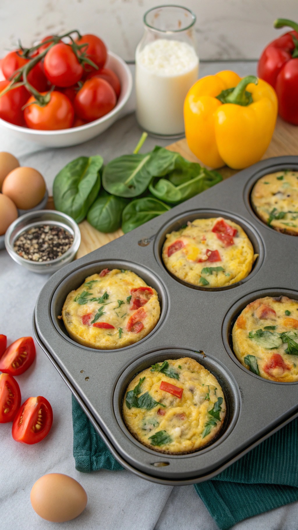 A tray of protein-packed egg muffins surrounded by fresh vegetables and eggs.