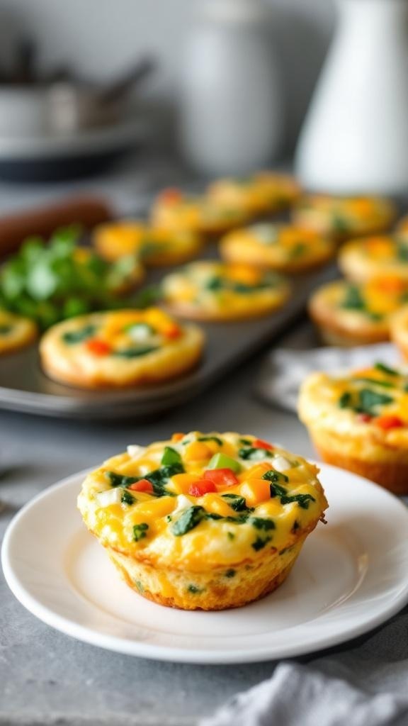 Protein-packed egg muffins with spinach and bell peppers, freshly baked and served on a plate.