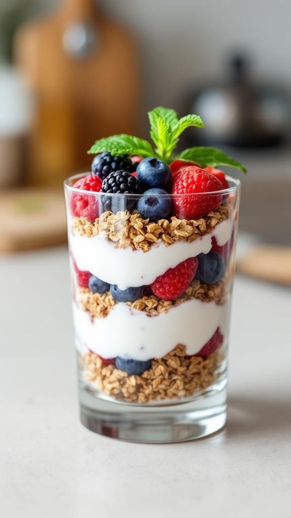 A delicious Greek yogurt parfait with layers of yogurt, granola, and mixed berries topped with a mint leaf.