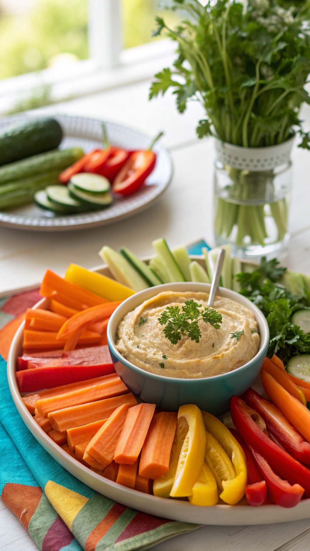 A colorful platter of hummus and assorted veggie sticks including carrots, cucumbers, and bell peppers.