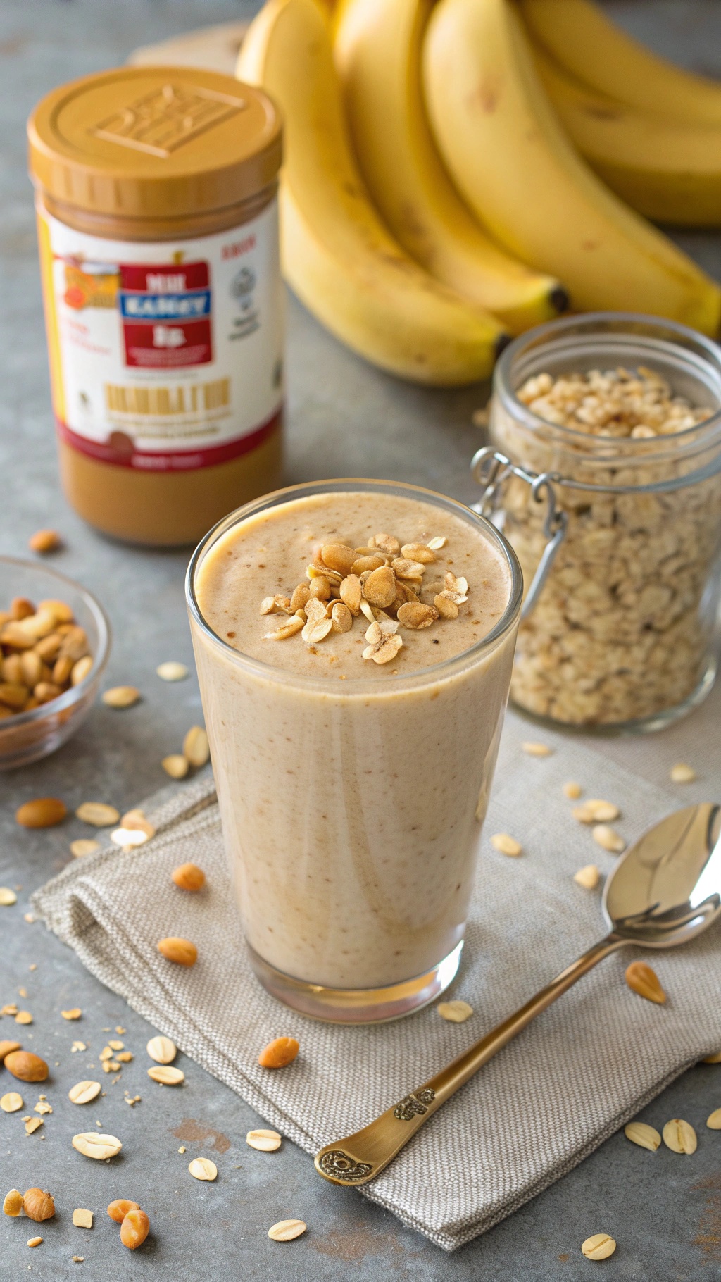 A delicious protein-packed peanut butter smoothie topped with peanuts and oats, with bananas and peanut butter in the background.