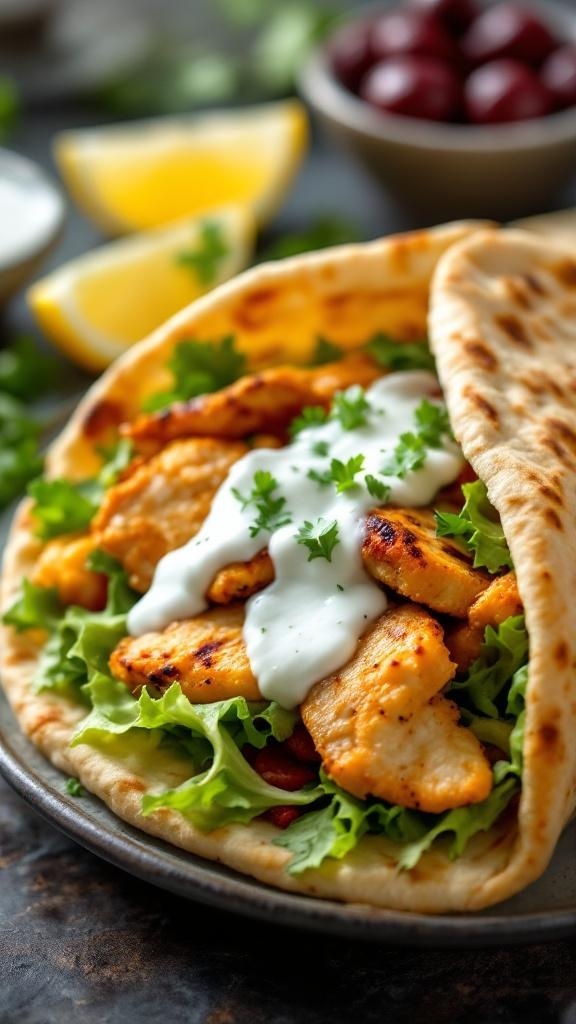 A Greek chicken pita filled with grilled chicken, lettuce, and tzatziki sauce, garnished with parsley.