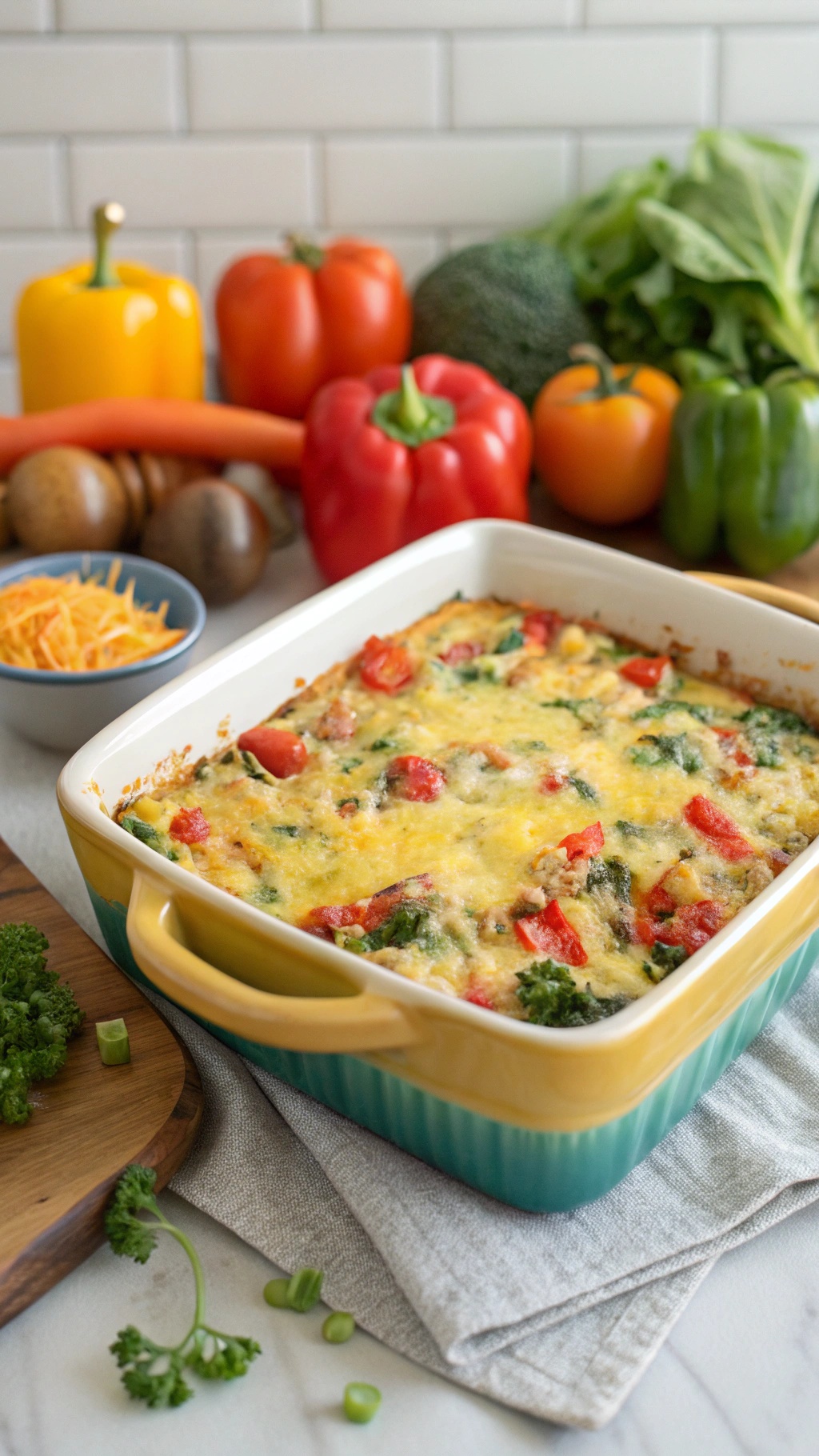 A colorful protein-packed quinoa and veggie casserole with fresh vegetables and cheese.