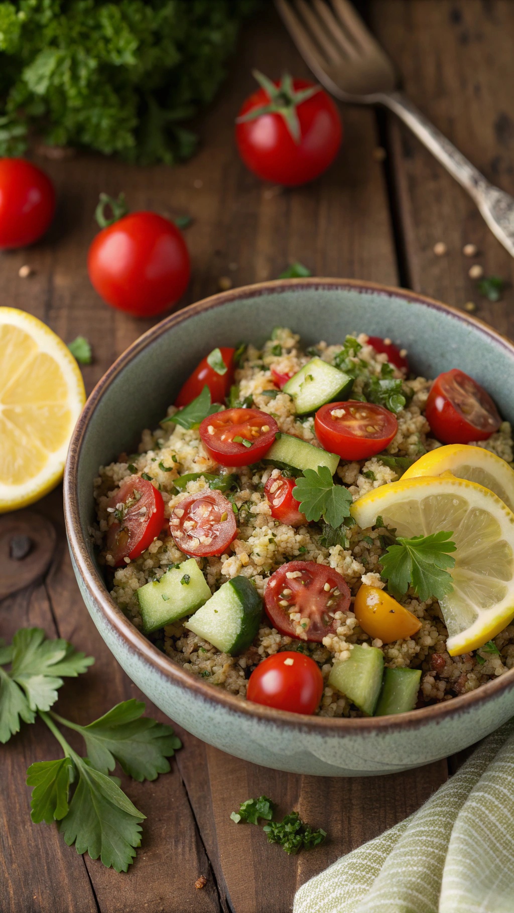 A bowl of colorful quinoa salad with cherry tomatoes, cucumbers, and lemon slices.