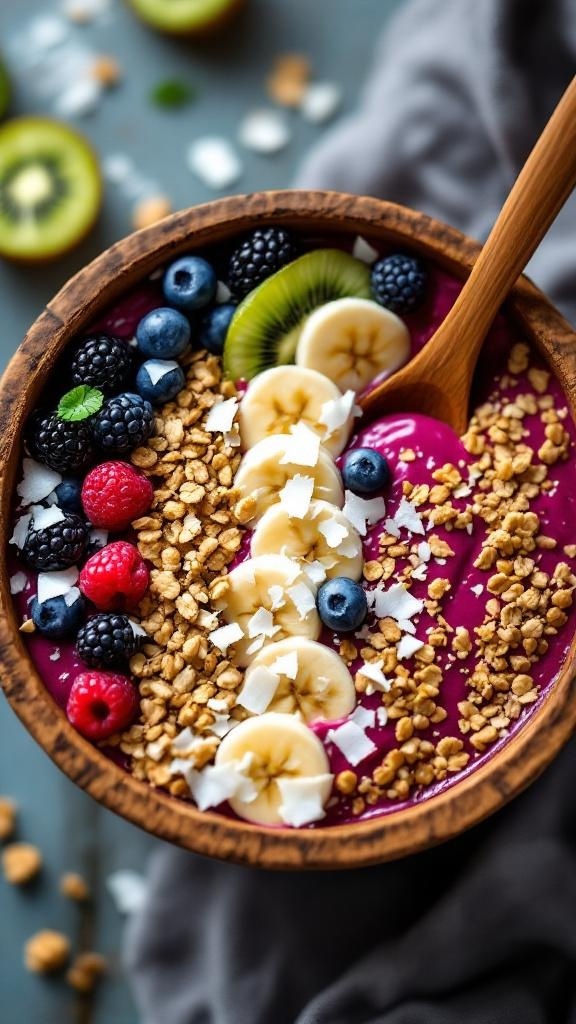 A colorful smoothie bowl topped with banana slices, berries, granola, and coconut flakes.