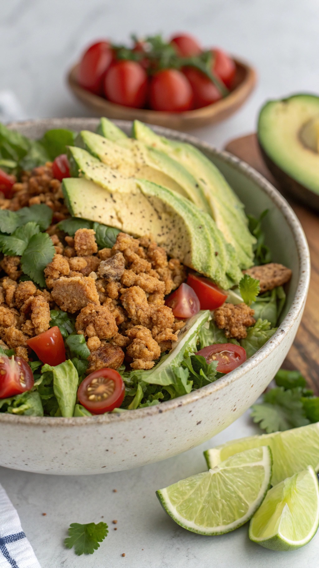 A colorful bowl of vegan taco salad featuring crumbled tempeh, avocado slices, cherry tomatoes, and fresh greens.