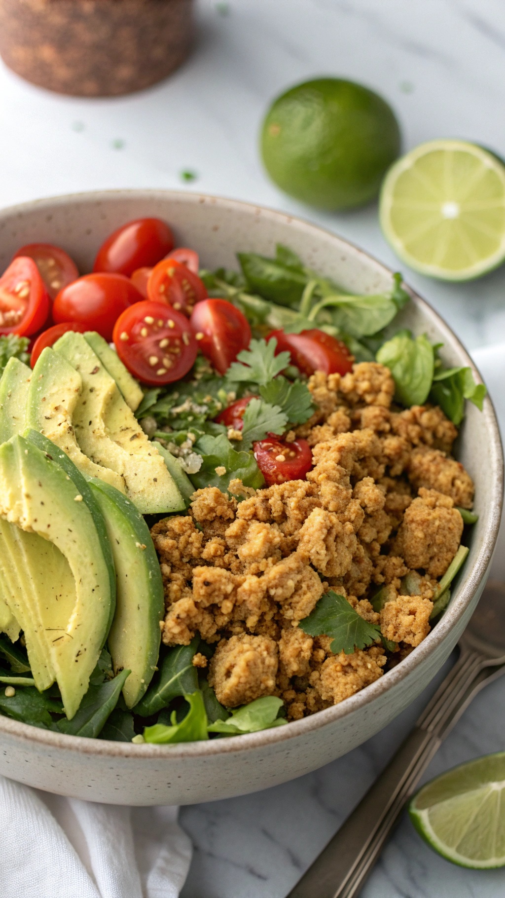 A vibrant bowl of tempeh taco salad with mixed greens, cherry tomatoes, avocado slices, and a lime wedge.