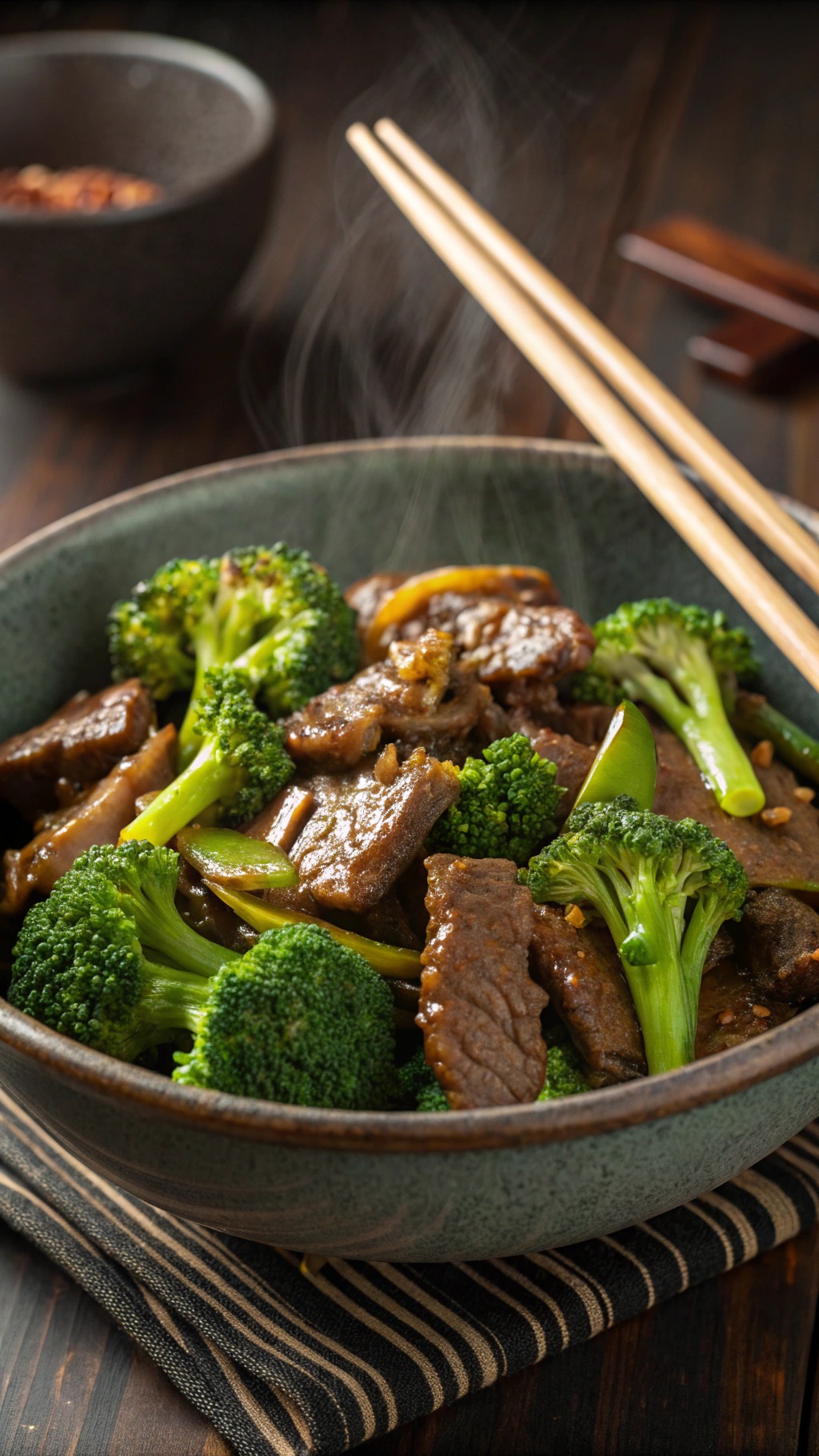A bowl of beef and broccoli stir-fry with chopsticks, showcasing a healthy dinner option.