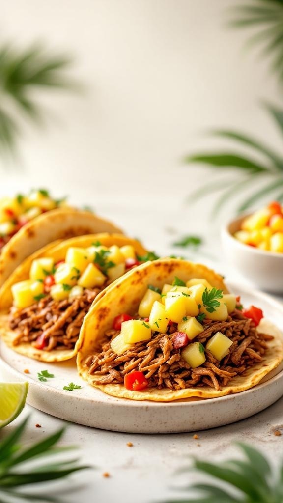 Pulled pork tacos topped with pineapple salsa on a plate