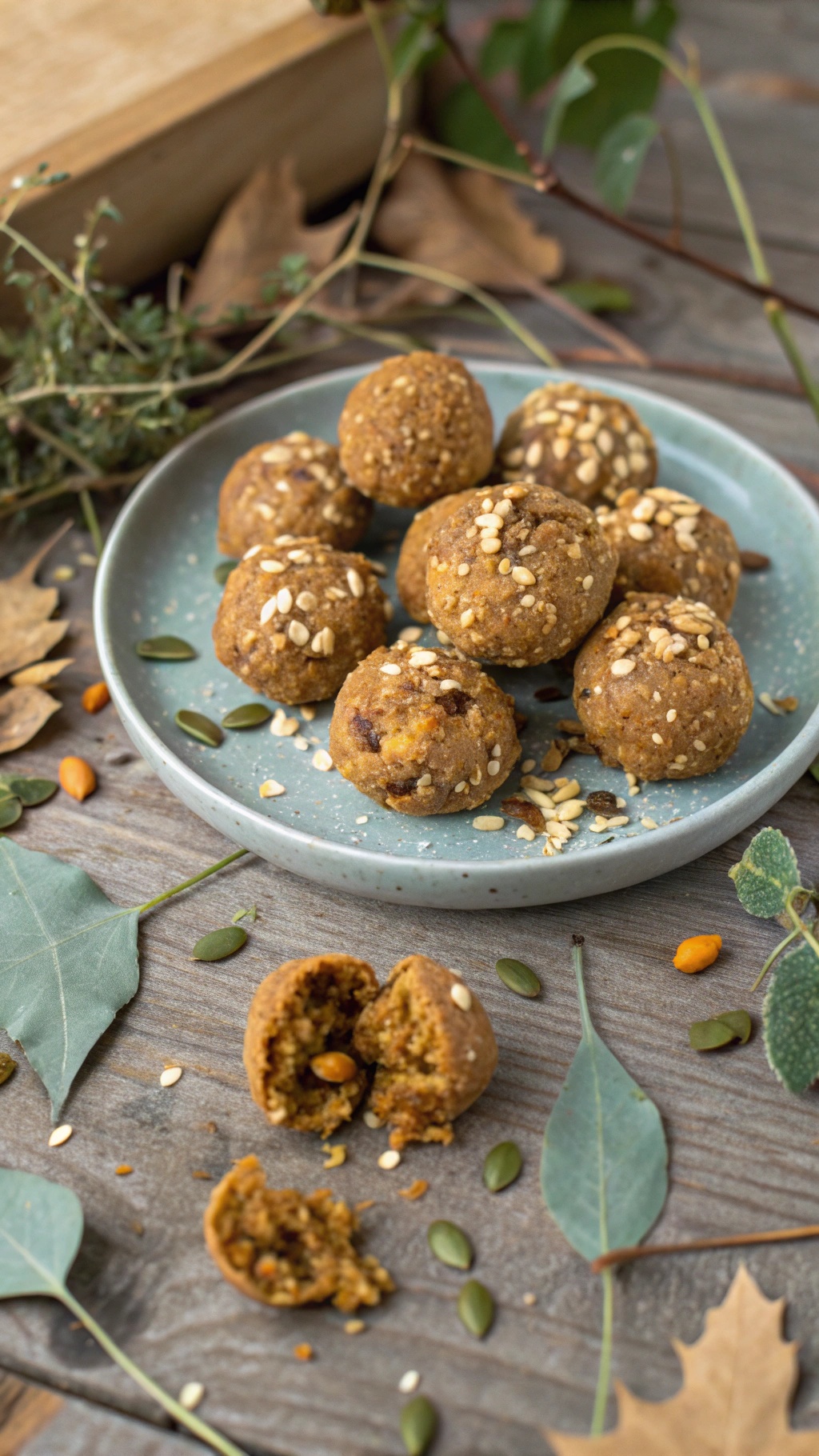 A plate of pumpkin-almond butter energy bites sprinkled with sesame seeds, surrounded by autumn leaves.