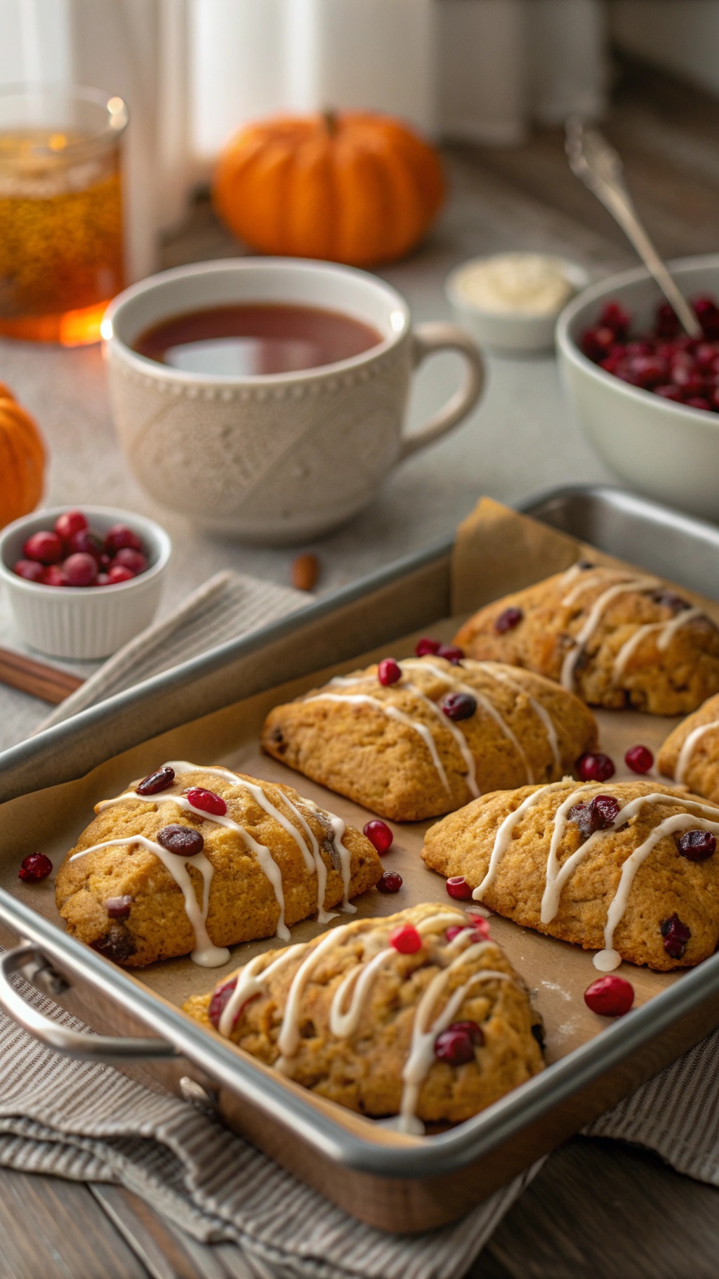 Pumpkin-Cranberry Whole Wheat Scones on a baking tray with a cup of tea and cranberries in the background.
