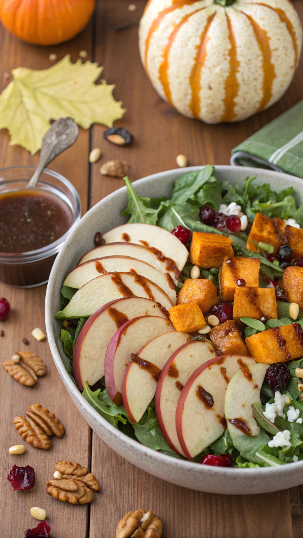 A bowl of pumpkin and apple salad with maple dressing, featuring greens, sliced apples, roasted pumpkin, and nuts.