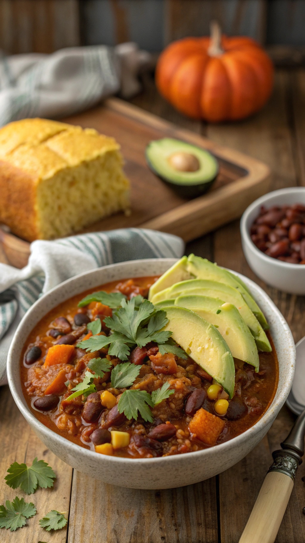 A bowl of pumpkin chili topped with avocado slices and cilantro, with cornbread on the side.