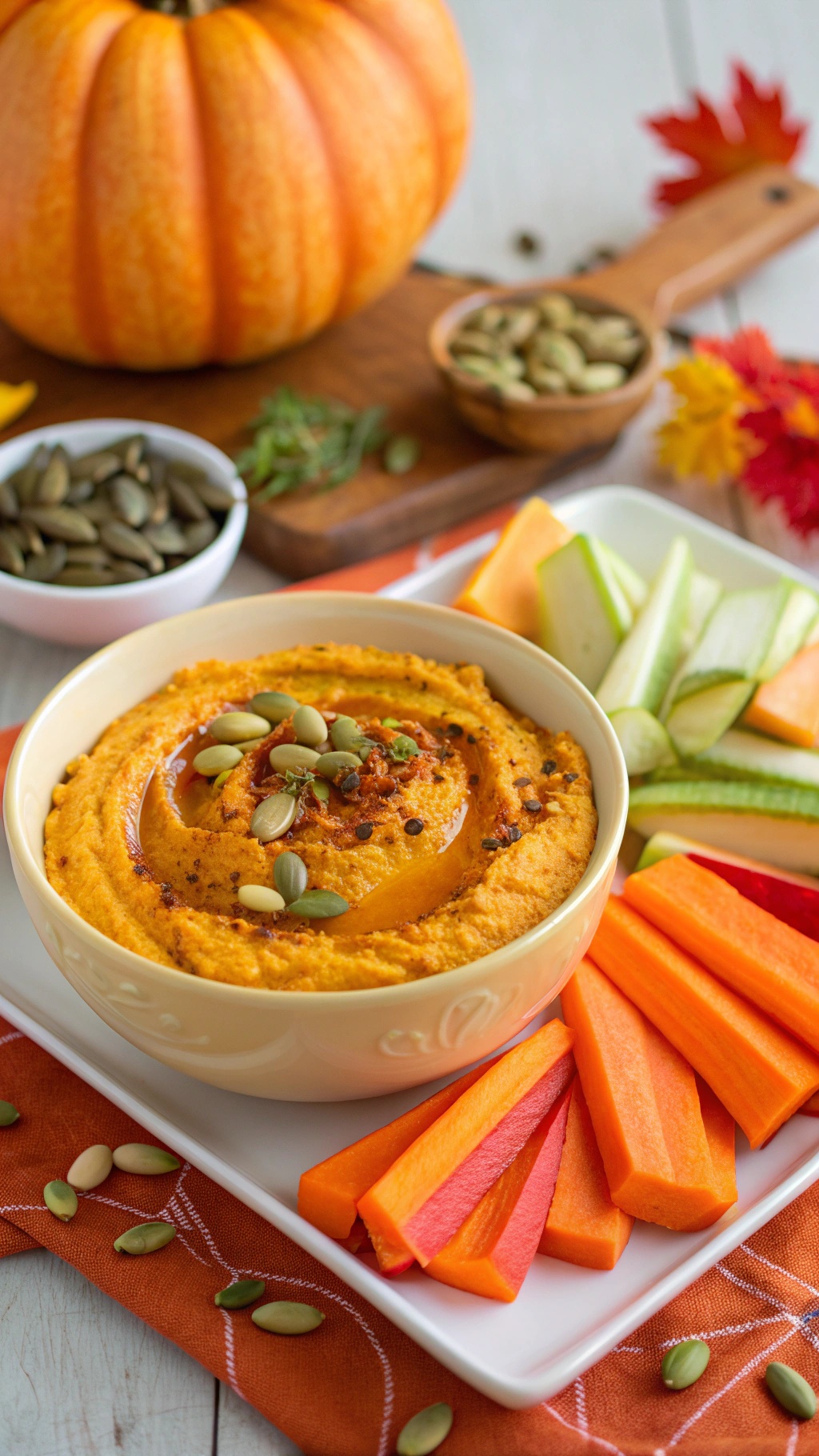 A bowl of pumpkin hummus topped with pumpkin seeds, surrounded by carrot and cucumber sticks.