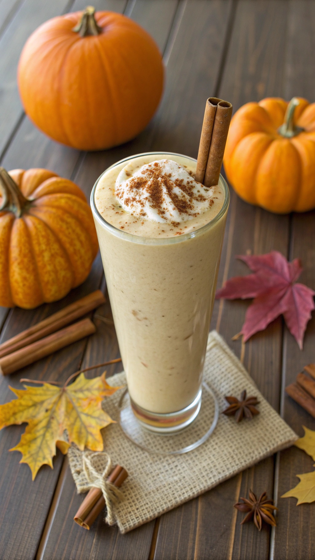 A pumpkin pie smoothie in a tall glass, topped with whipped cream and cinnamon, with pumpkins in the background.