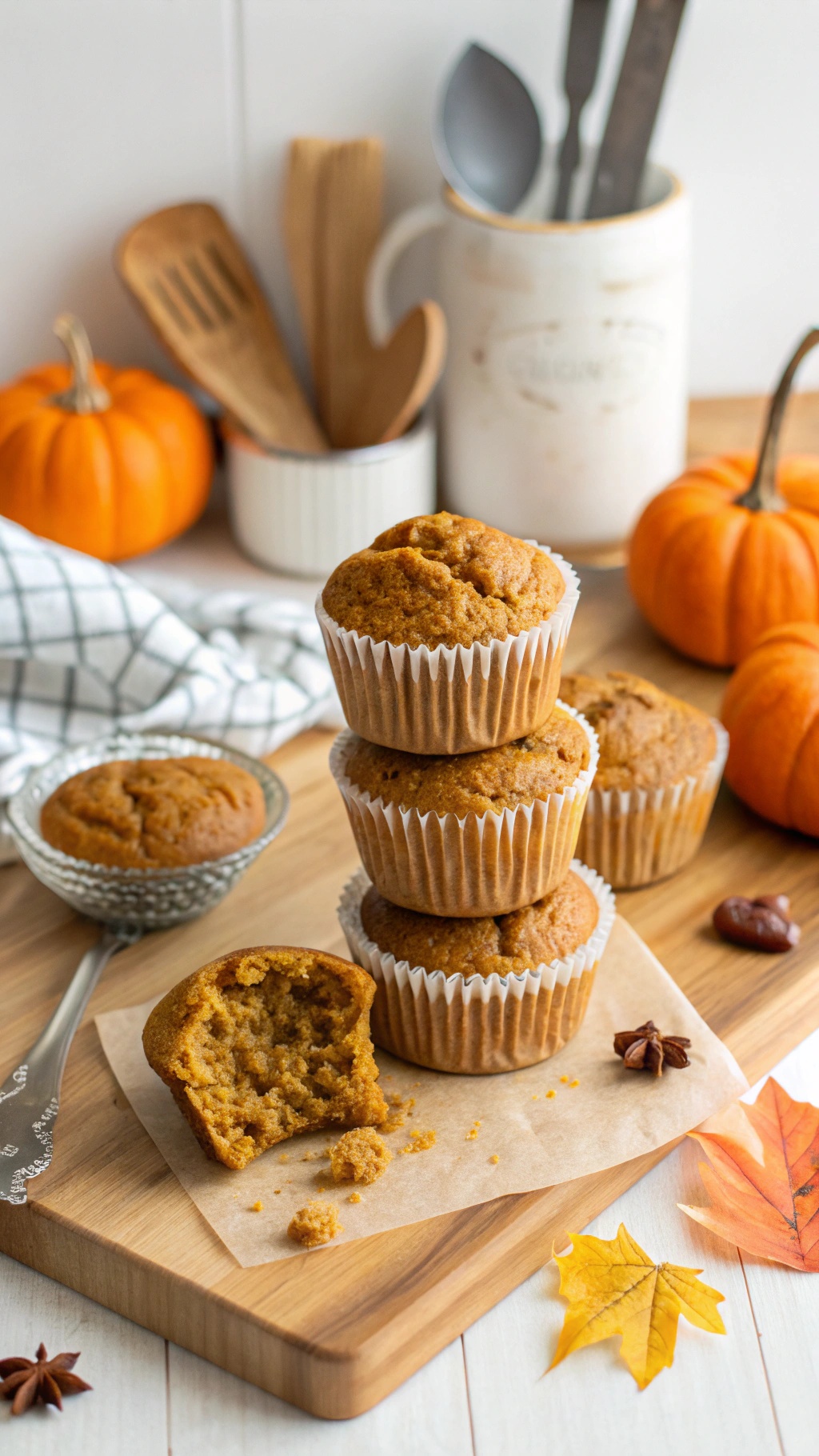 A stack of pumpkin protein muffins with a bite taken out of one, surrounded by small pumpkins and kitchen utensils.