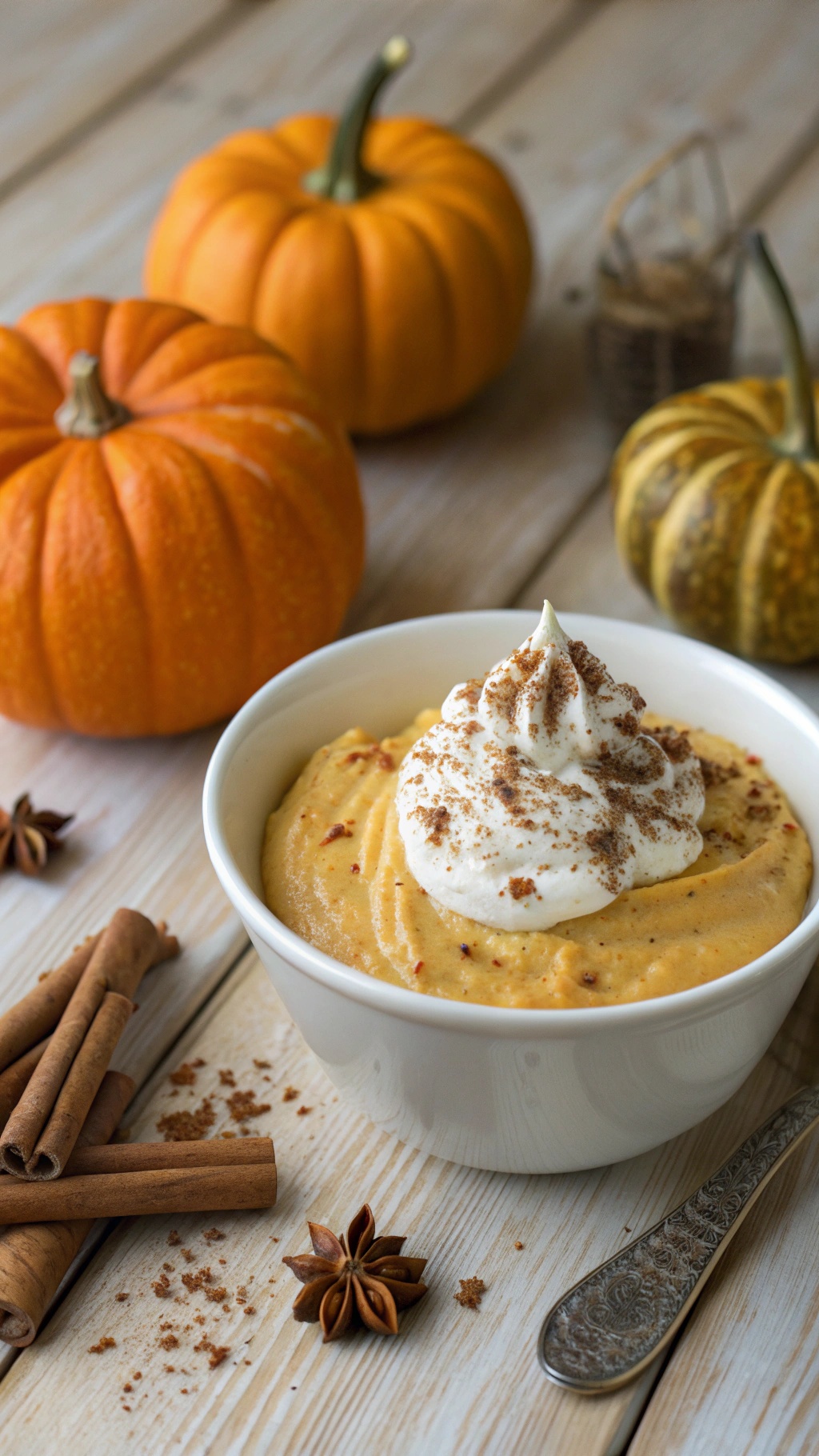 A bowl of creamy pumpkin pudding topped with whipped cream and surrounded by pumpkins and cinnamon sticks.