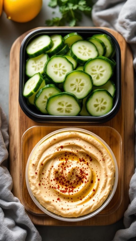 Cucumber slices and hummus in snack packs on a wooden board.
