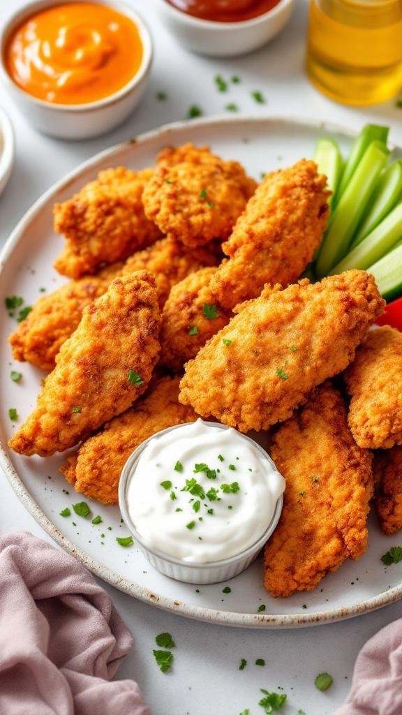 A plate of crispy air fryer chicken tenders with dipping sauces and celery sticks.