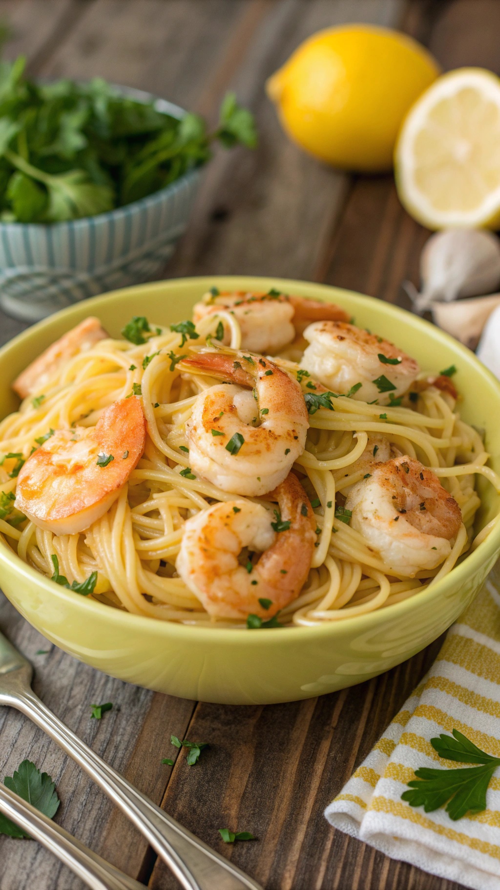 A bowl of garlic butter shrimp pasta garnished with parsley, with lemon and garlic in the background.