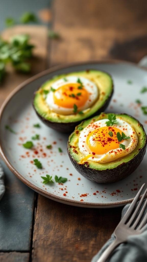 Keto avocado egg cups with a runny yolk, garnished with herbs and spices.