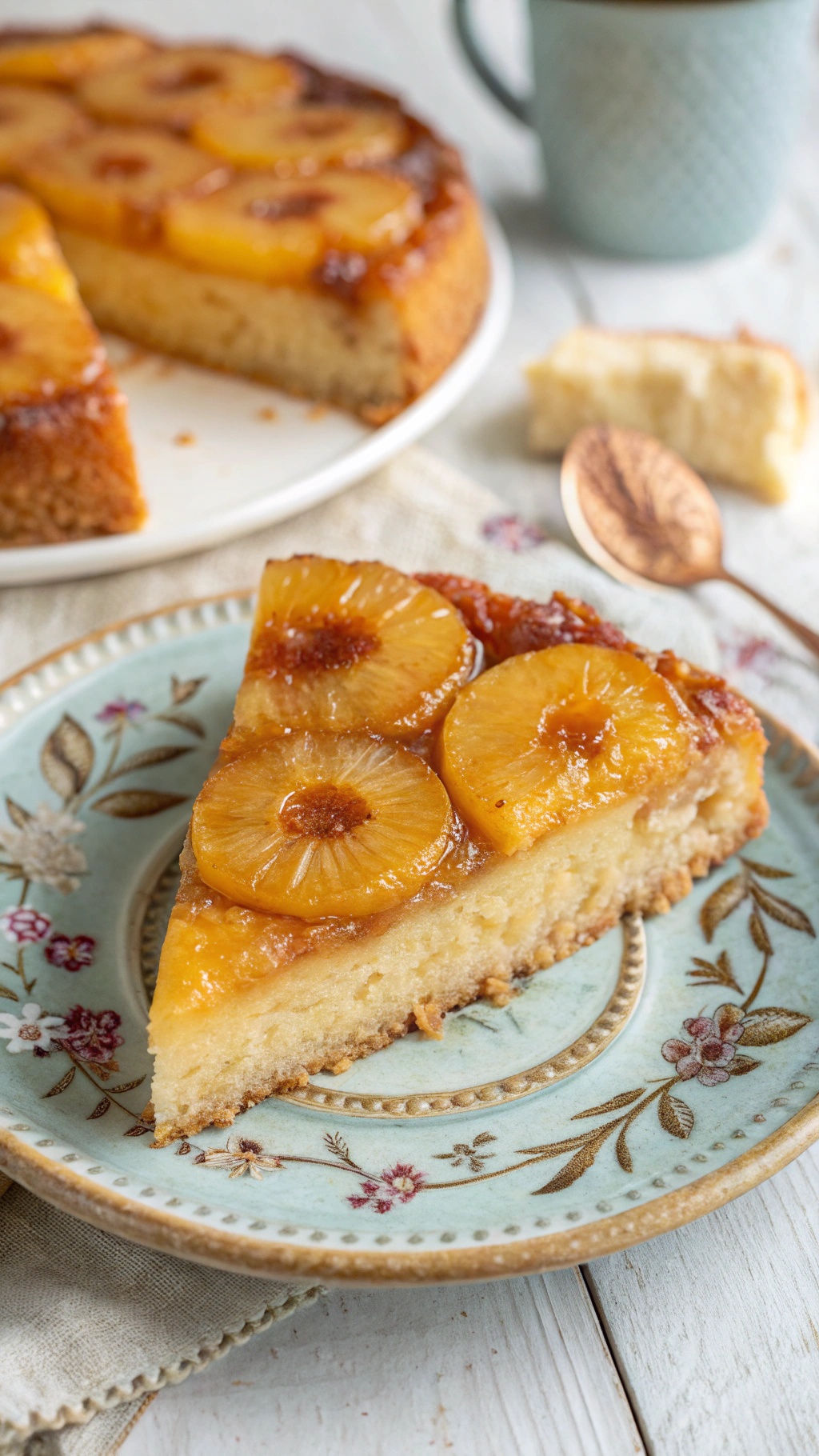 A slice of pineapple upside-down cake on a decorative plate, showcasing caramelized pineapple rings on top.