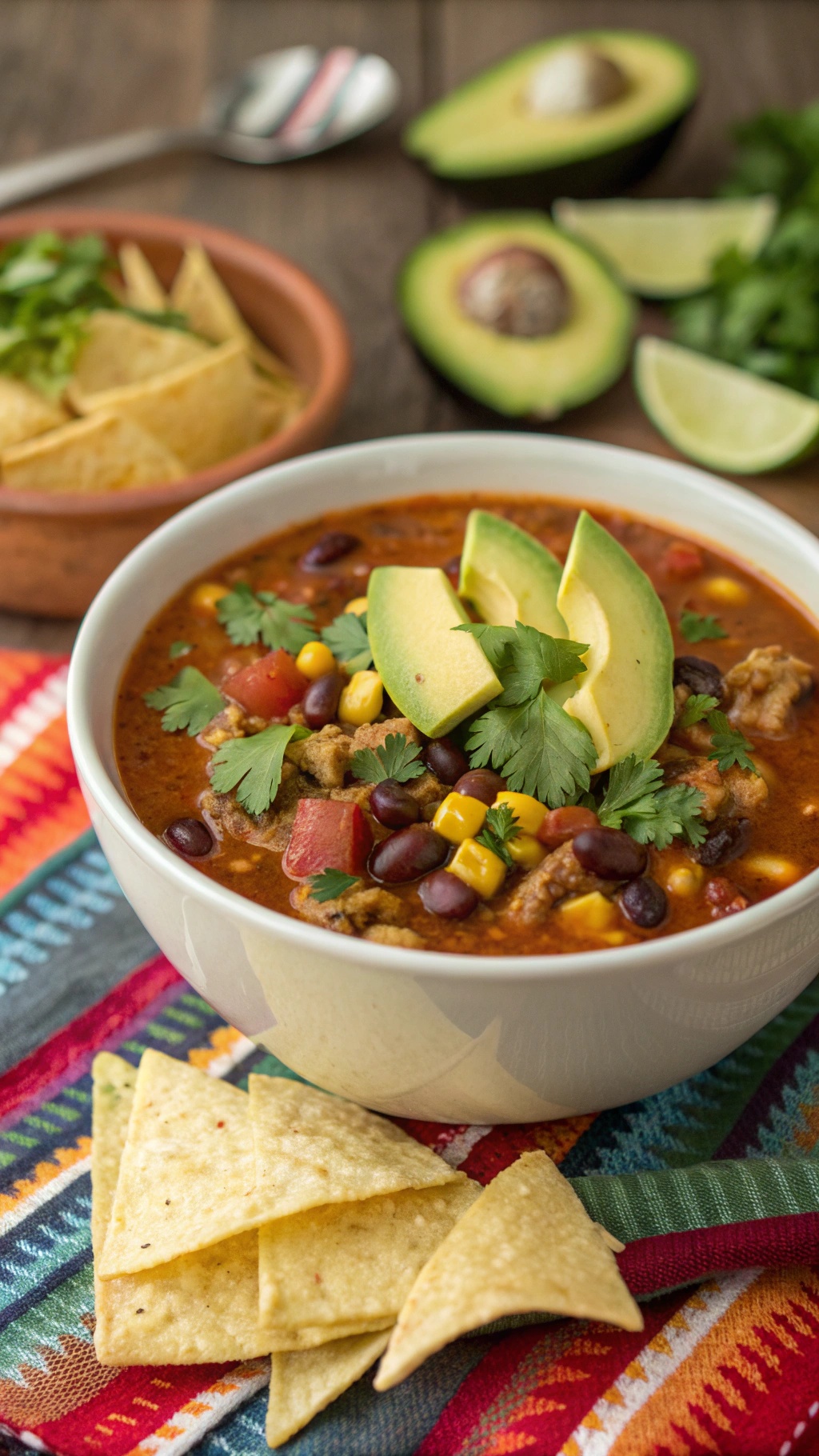 A bowl of taco soup topped with avocado slices and cilantro, served with tortilla chips.