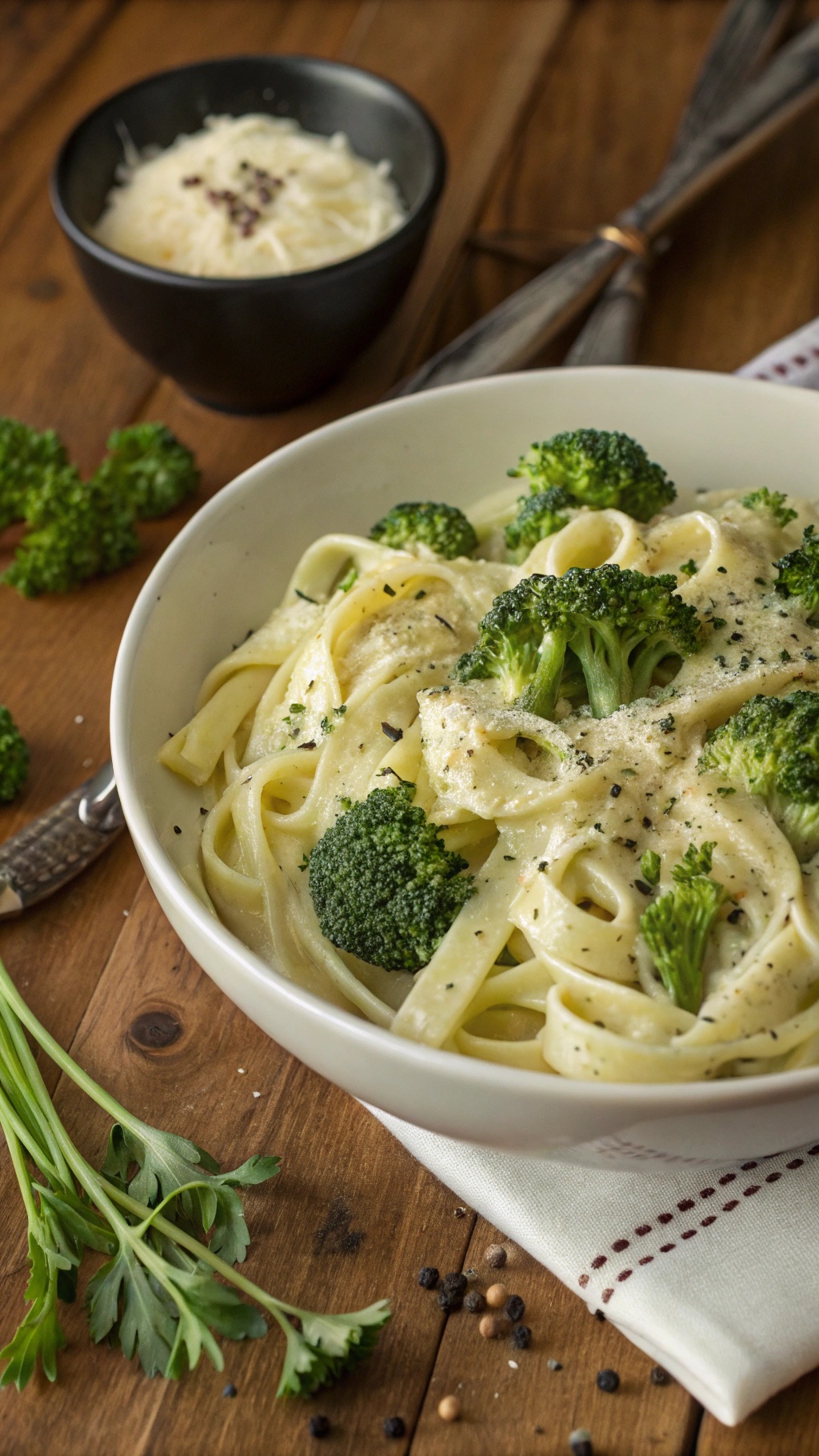 A bowl of creamy Alfredo pasta with broccoli, garnished with black pepper and served with grated cheese on the side.