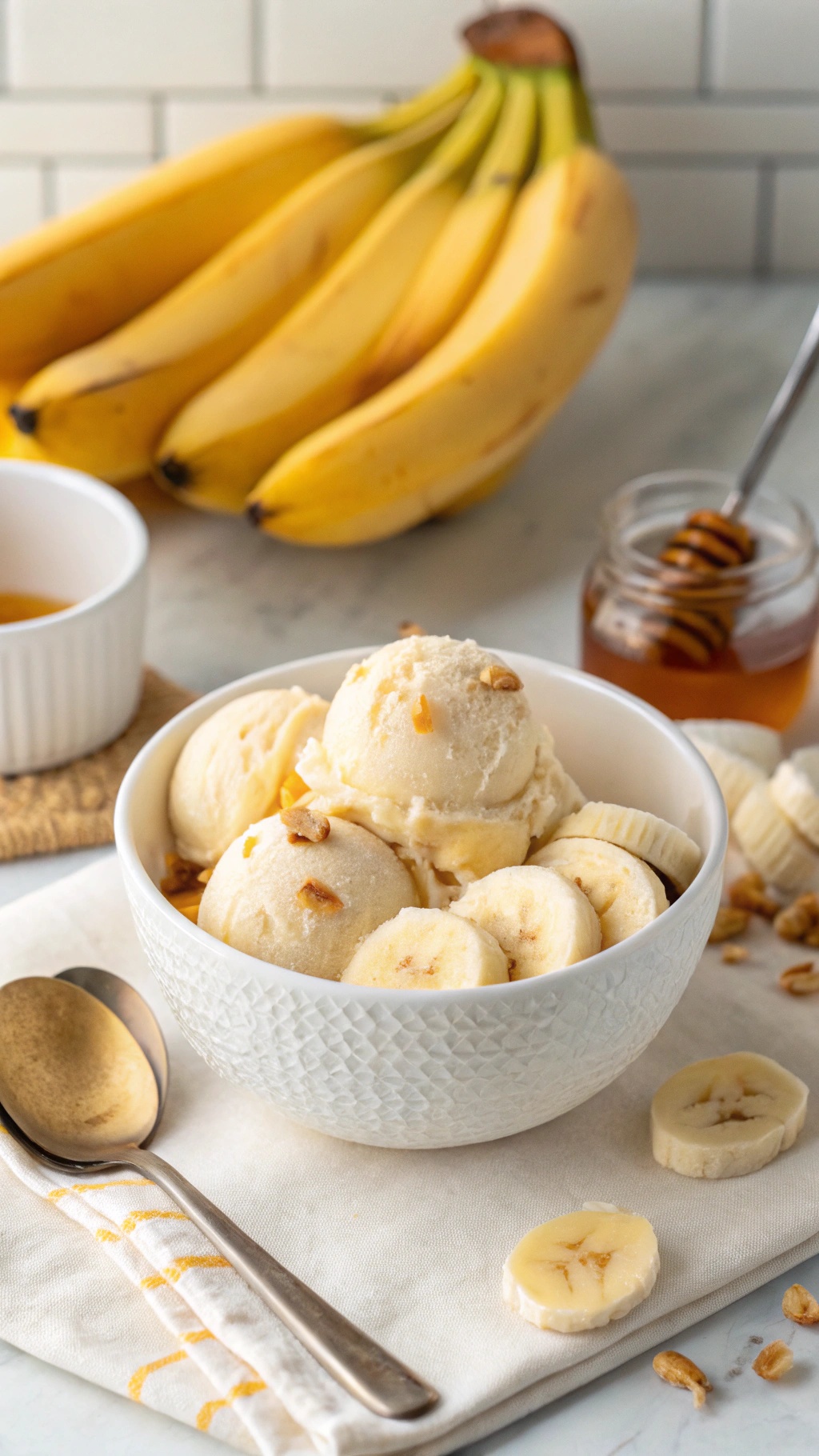 A bowl of banana ice cream with banana slices and honey on the side.