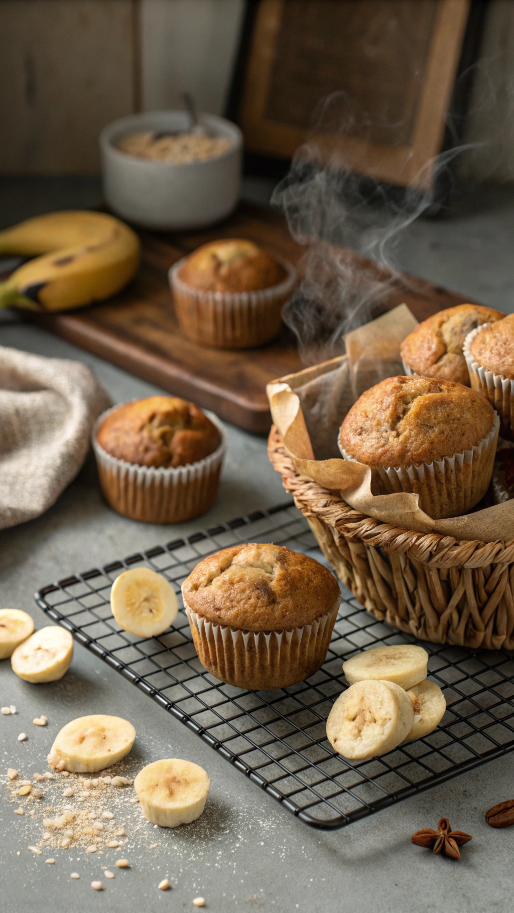 Freshly baked banana muffins on a cooling rack with sliced bananas nearby.