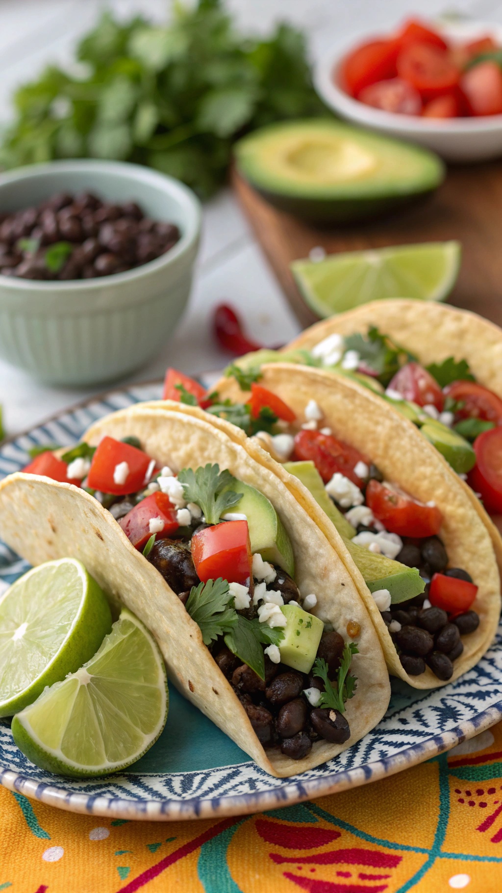 Three black bean tacos topped with tomatoes, avocado, and cilantro, served with lime wedges.