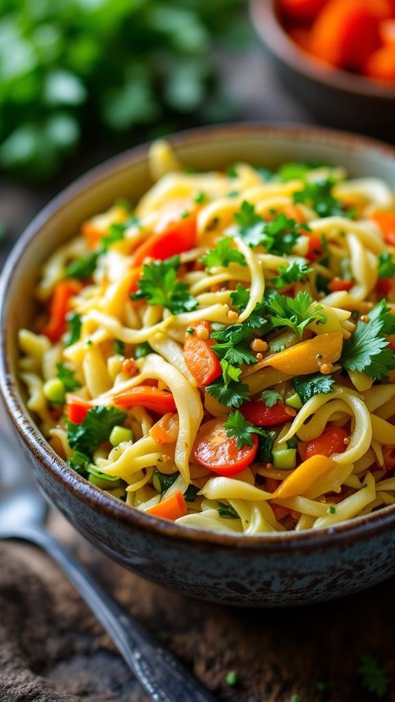 A colorful bowl of cabbage stir-fry with various vegetables