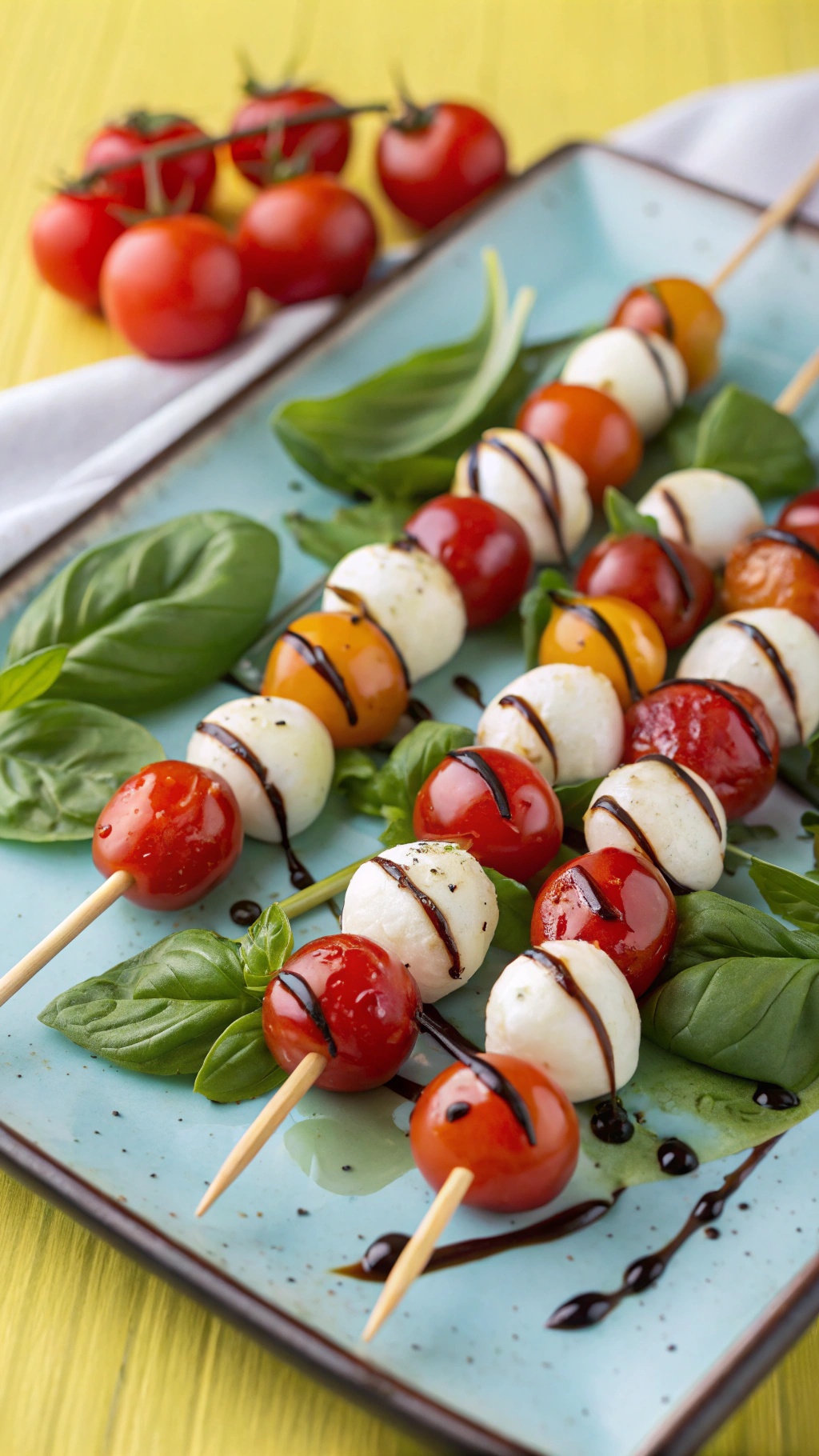 Colorful Caprese skewers with cherry tomatoes, mozzarella balls, and basil on a blue plate.