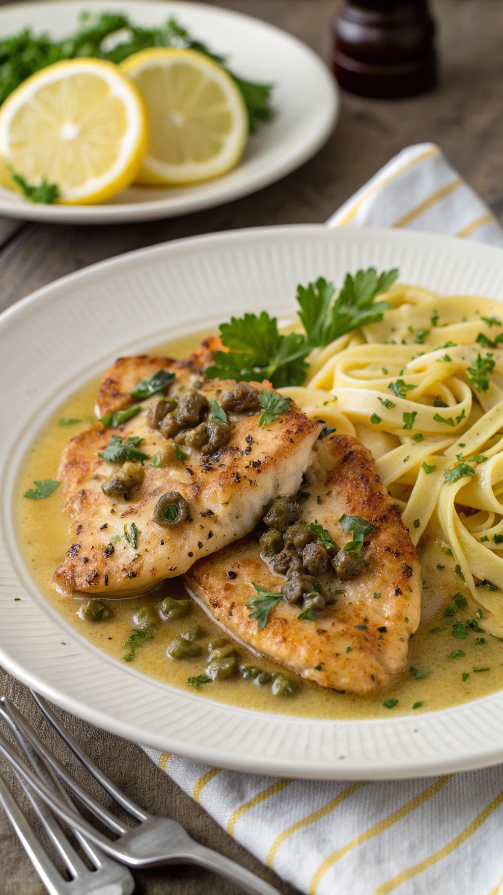 A plate of Chicken Piccata with pasta, garnished with capers and parsley, served with lemon slices.