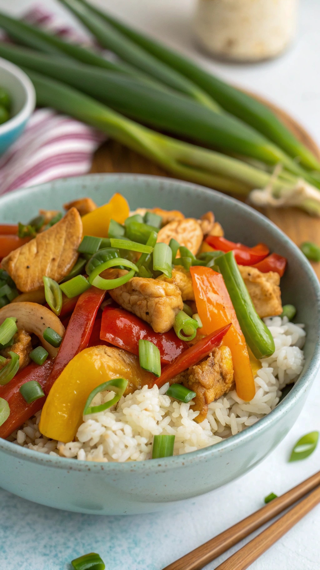 A colorful chicken stir-fry with bell peppers and green onions served over rice.