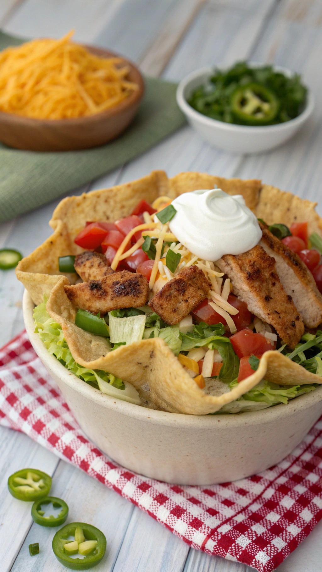 A colorful chicken taco salad in a tortilla bowl with fresh veggies and toppings.
