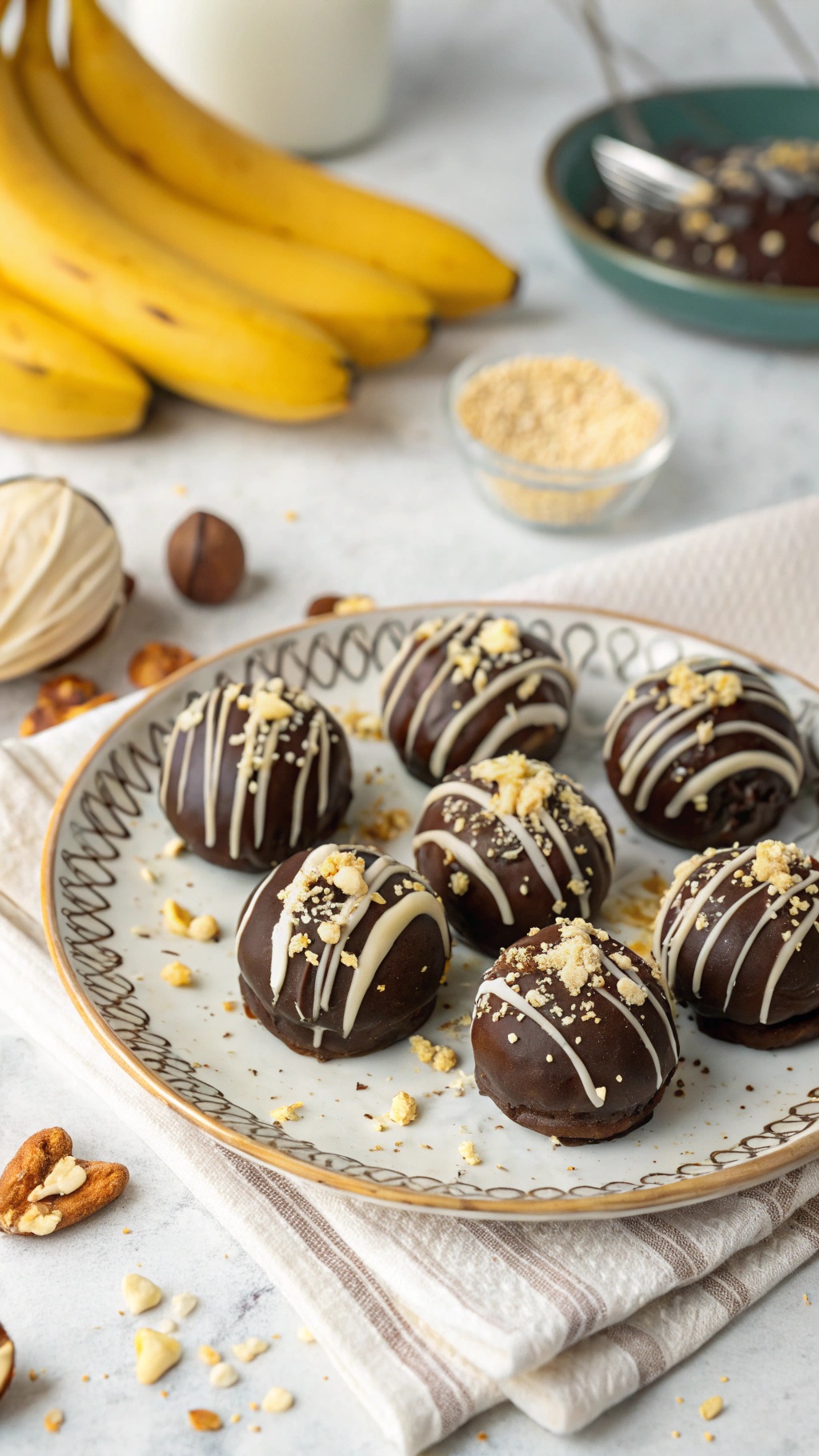 A plate of chocolate-covered banana bites topped with crushed nuts and white chocolate drizzle, with bananas in the background.