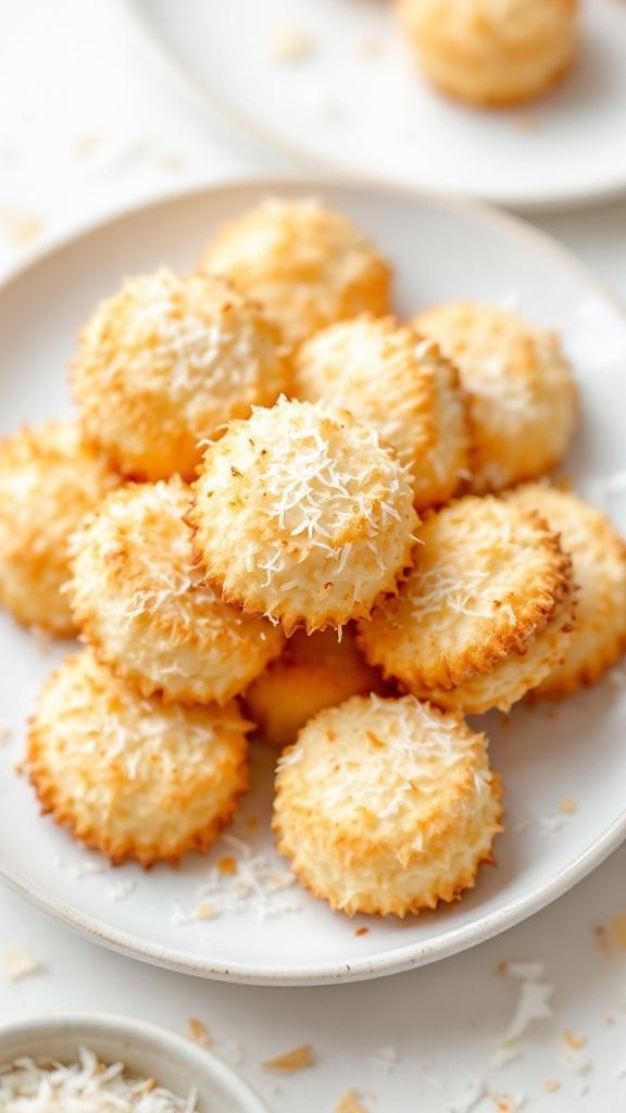 A plate of golden-brown coconut macaroons topped with shredded coconut.
