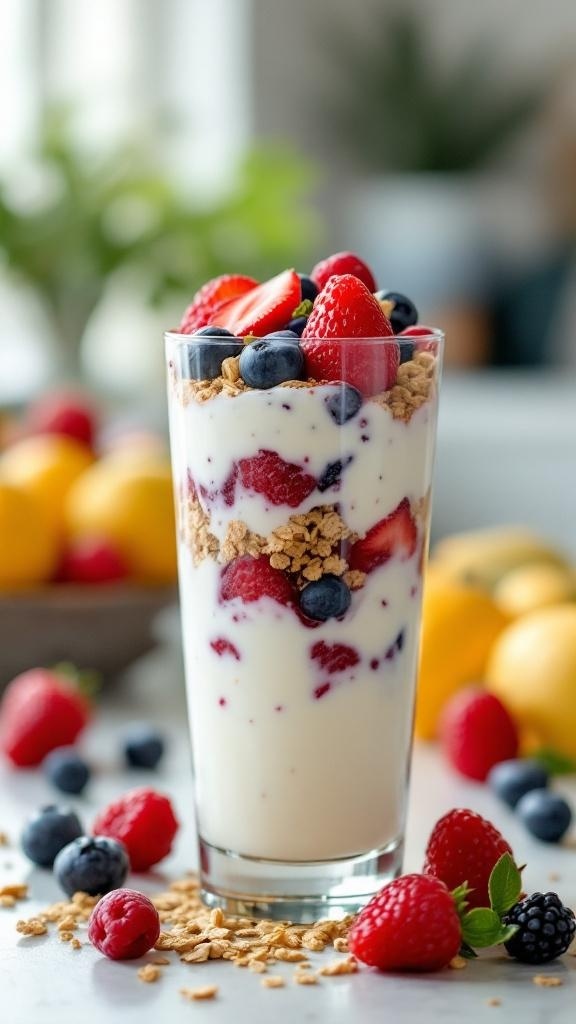 A delicious fruit parfait with layers of yogurt, mixed berries, and granola in a glass.