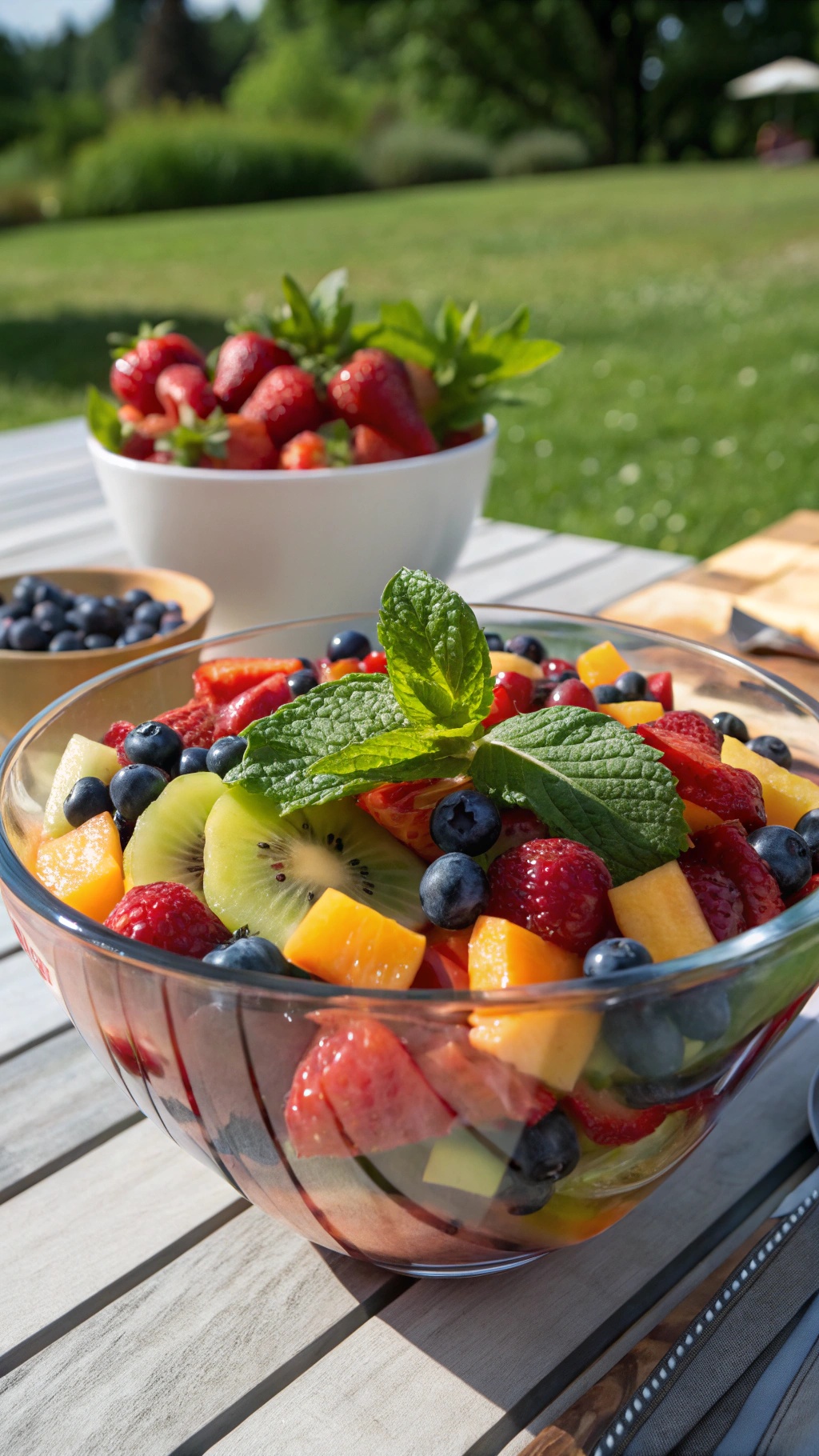 A colorful fruit salad with strawberries, blueberries, kiwi, and mango in a glass bowl, garnished with mint.