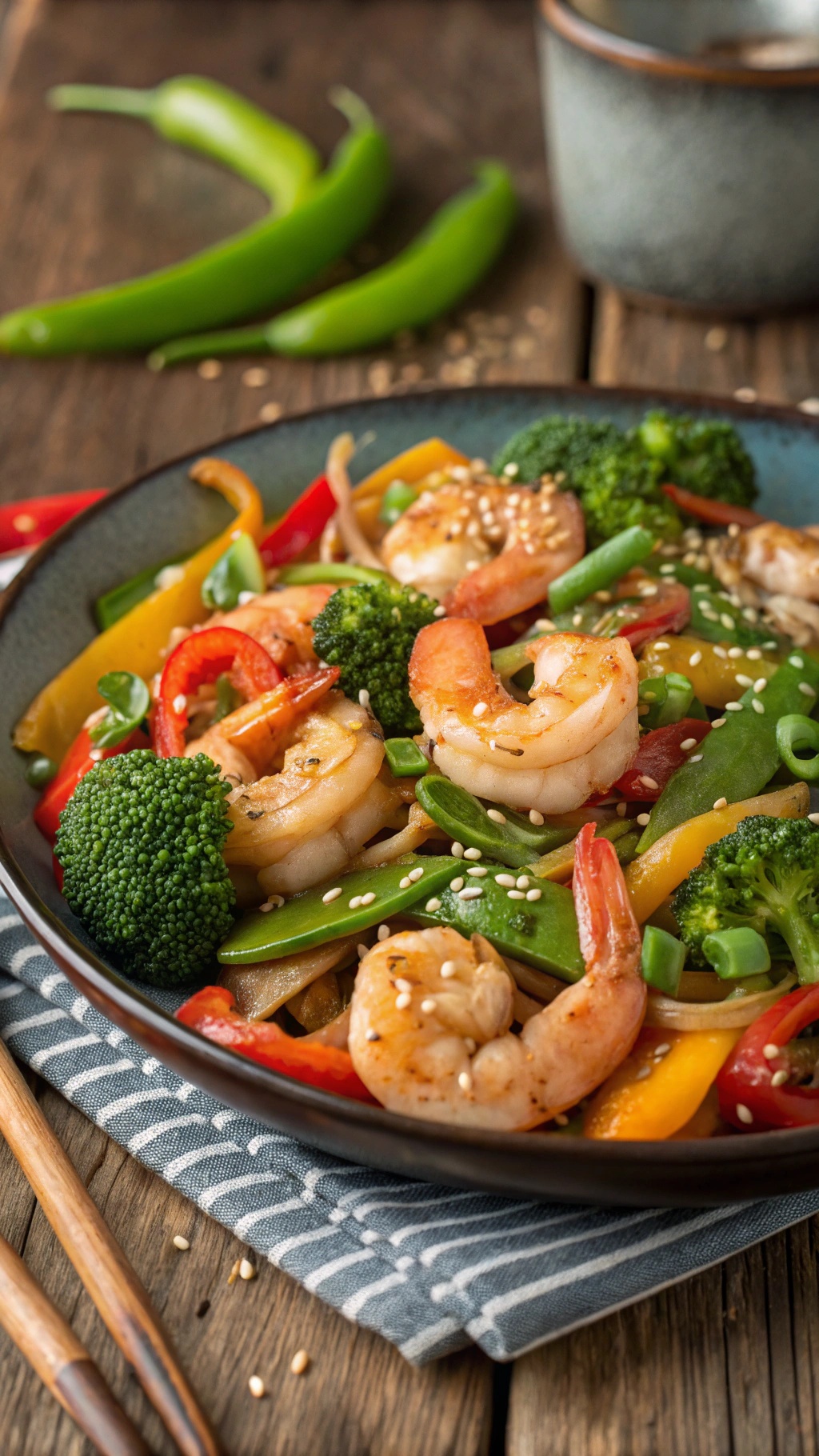 A colorful garlic shrimp stir-fry with vegetables on a plate.