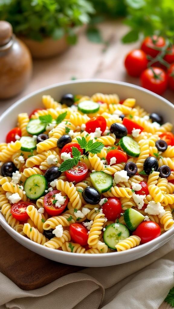 A vibrant Mediterranean pasta salad with rotini pasta, cherry tomatoes, cucumbers, black olives, and feta cheese.