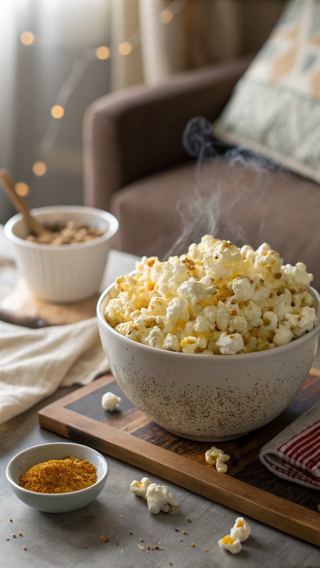 A bowl of freshly popped microwave popcorn with seasoning, ready to be enjoyed.