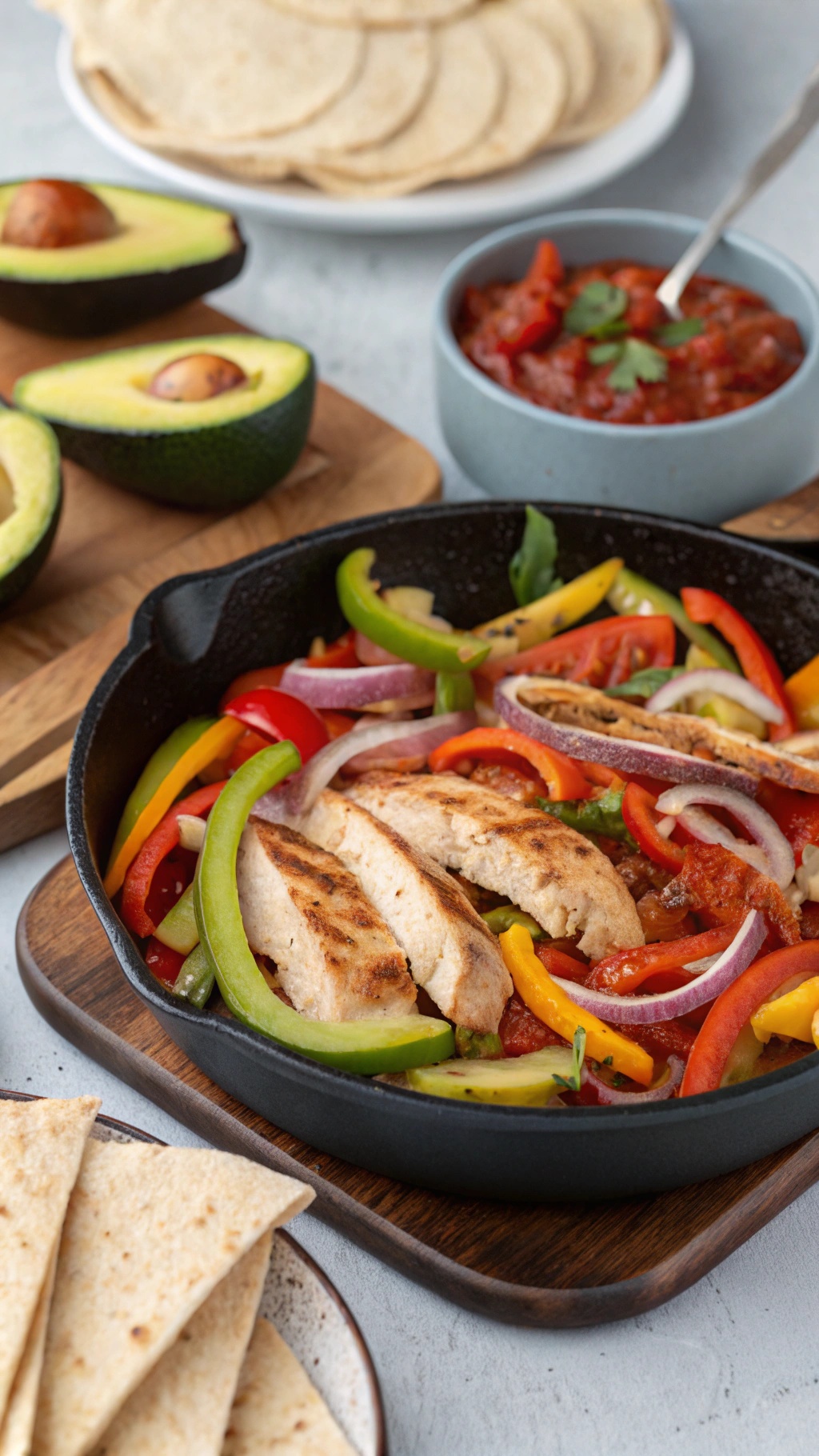 One-pan chicken fajitas with colorful peppers and tortillas