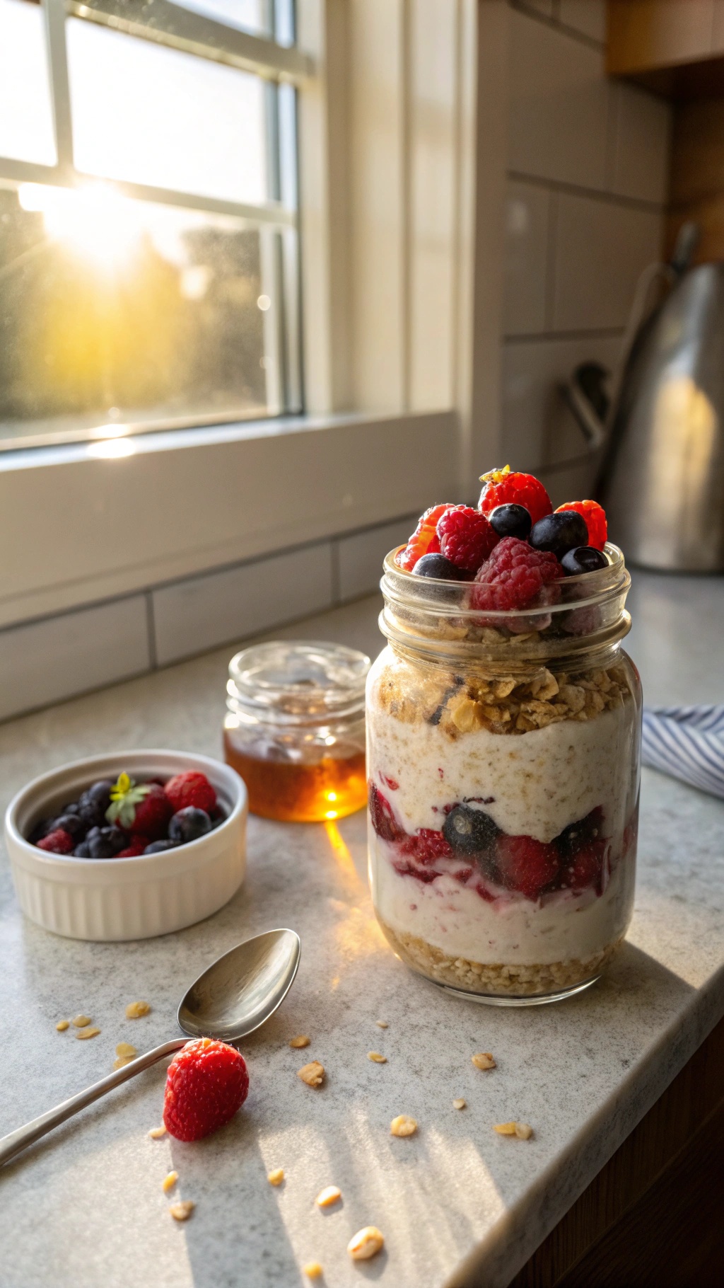 A jar of overnight oats with berries and granola, sitting by a window with sunlight.