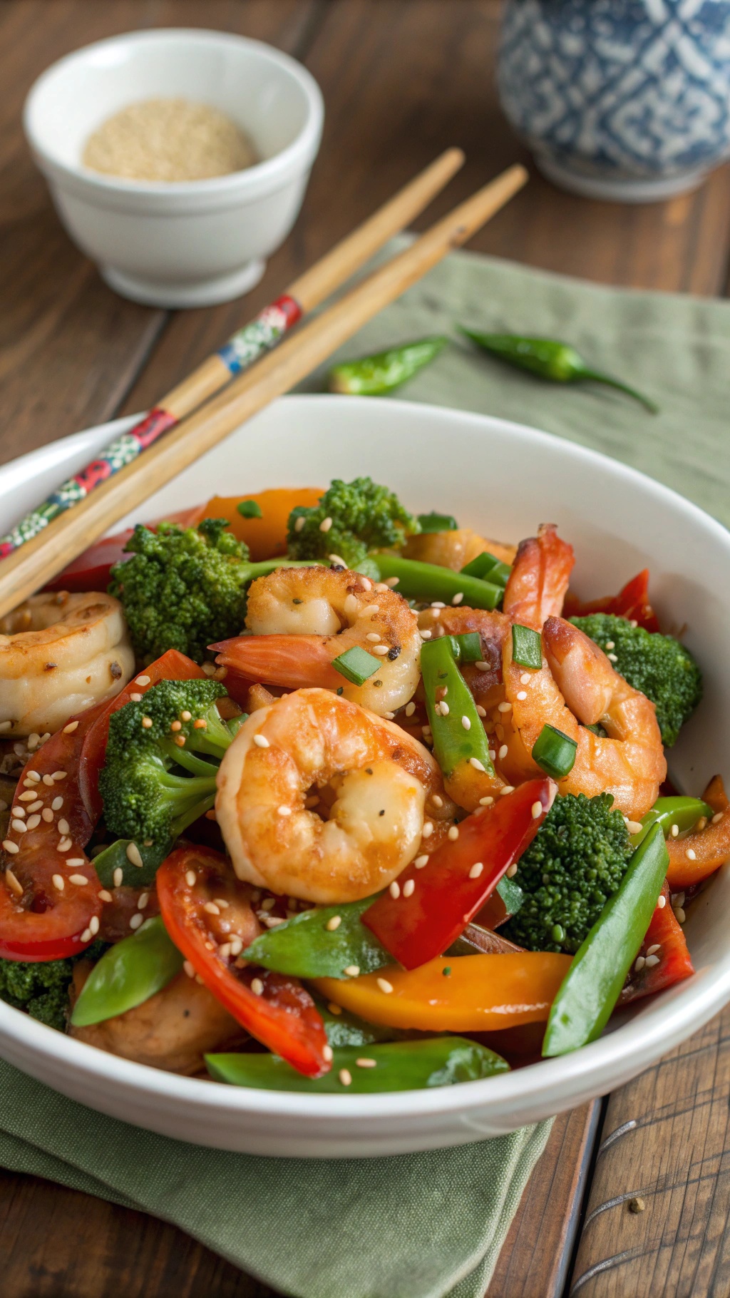 A colorful shrimp stir-fry with vegetables, garnished with sesame seeds and green onions.