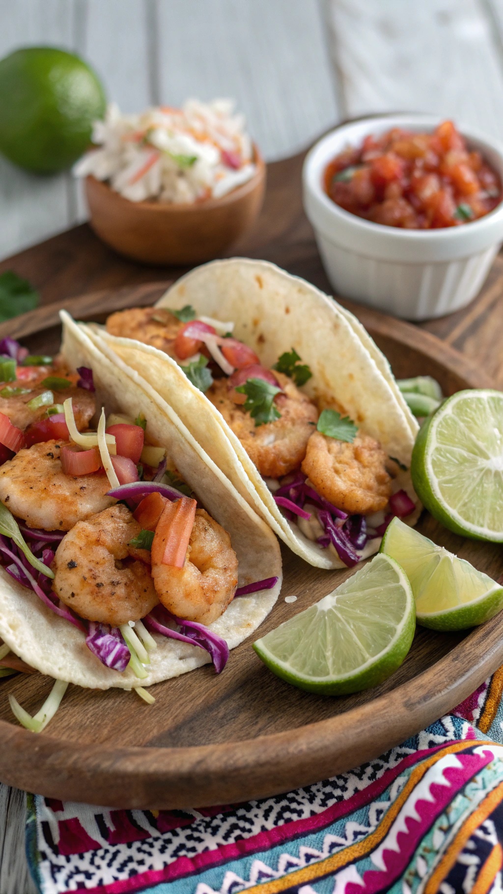 Shrimp tacos with zesty slaw, lime wedges, and salsa on a wooden plate.